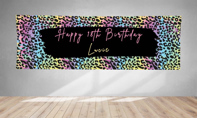 Personalised Multi Pastal Coloured With Black Splash Leopard Print PVC Banner 1ft x 3ft BB058
