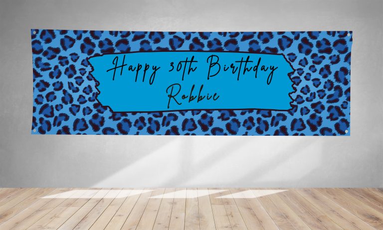 Personalised Blue Leopard Print PVC Banner 1ft x 3ft BB057