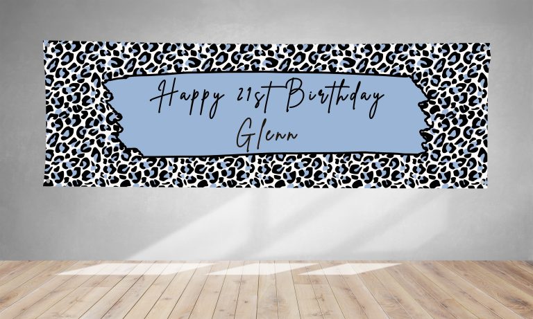 Personalised Light Blue Leopard Print PVC Banner 1ft x 3ft BB059