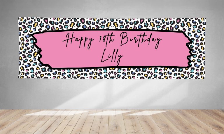 Personalised Multi Coloured Leopard Print With Pink Splash PVC Banner 1ft x 3ft BB049