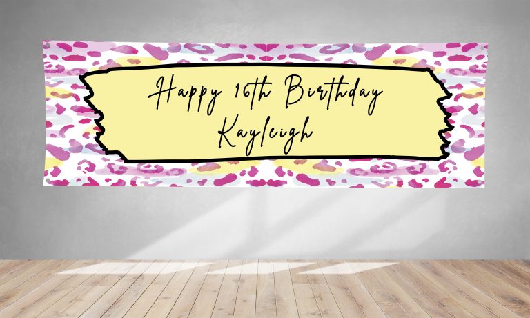 Personalised Pink & Yellow Leopard Print PVC Banner 1ft x 3ft BB050