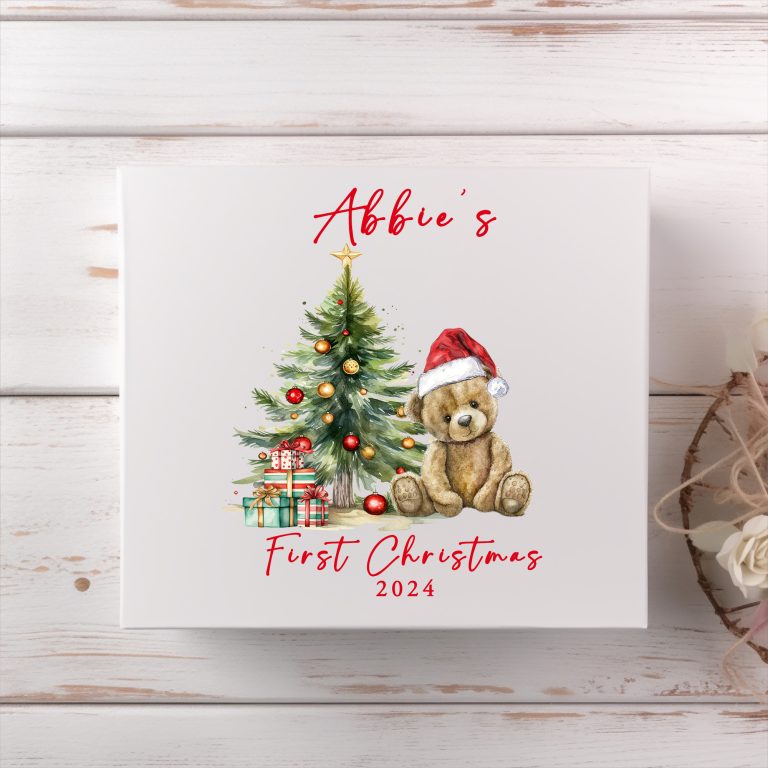 Personalised Bear With Christmas Hat & Tree Christmas Magnetic Box